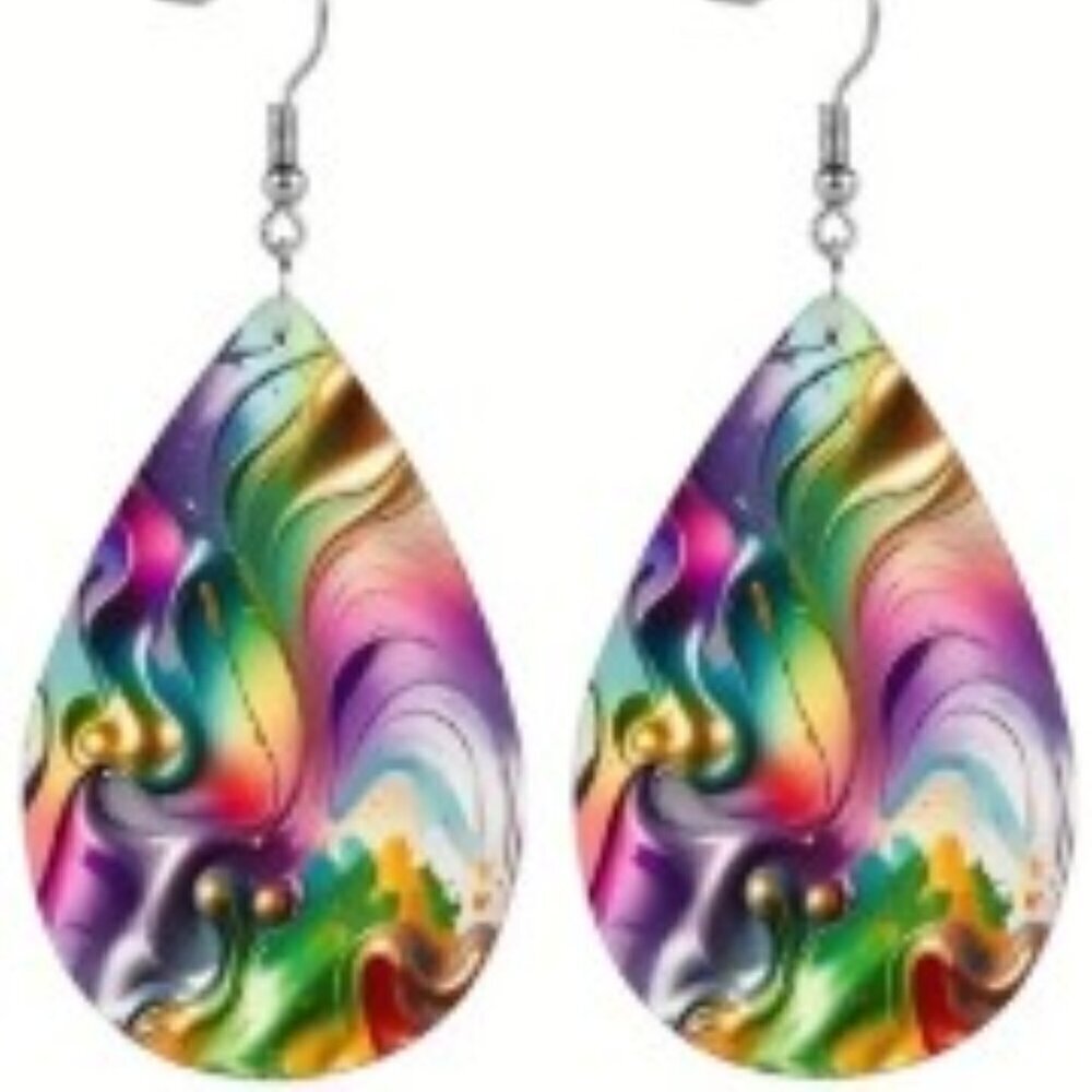 PU Leather Rainbow Teardrop Earrings Flow Pattern Trendy Fashion Lightweight
